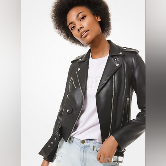 NWT Michael Kors Black Leather Moto Motorcycle Jacket Size Small - Picture 2 of 16